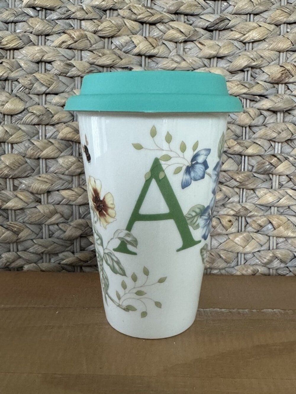 Lenox BUTTERFLY MEADOW 12oz Travel Tumbler Monogram A Cottagecore Grannycore